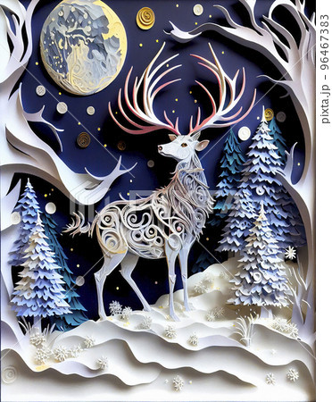 Beautiful Christmas Background with a Reindeer in a Snow Covered Pine Trees Forest, Snowflakes, Full Moon and Glowing Stars Beautiful Christmas Background with a Reindeer in a Snow Covered Pine Trees Forest, Snowflakes, Full Moon and Glowing Stars 96467383