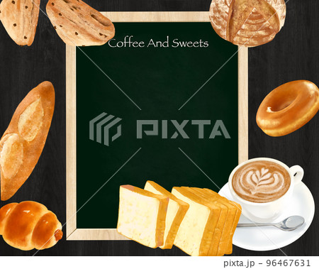 喫茶店ーパンーコーヒースイーツのイラストセットと黒板のメニュー手描き素材 96467631