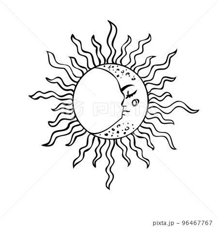Esoteric symbols of the sun and moon with a face. Celestial signs. 96467767