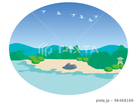 日本庭園の上を渡り鳥が飛んでいく風景 96468166