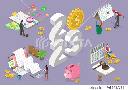 3D Isometric Flat Vector Conceptual Illustration of New Year 2023 And Taxes 96468331