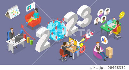 3D Isometric Flat Vector Conceptual Illustration of New Year 2023 And IT Outsourcing Trends 96468332