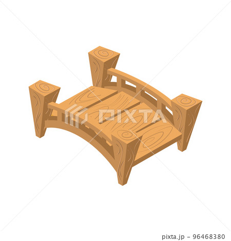 Bridge of wooden logs. Flat 3D isometric. Engineering Structure of trees across the river. Beams and supports. Vector illustration. Bridge of wooden logs. Flat 3D isometric. Engineering Structure of trees across the river. Beams and supports. Vector illustration. 96468380
