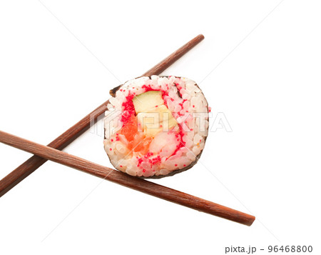 roll with shrimp, salmon, red masago and chopstick isolated on white roll with shrimp, salmon, red masago and chopstick isolated on white 96468800