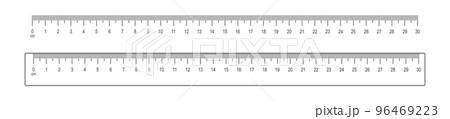 30 centimetres scale and ruler template. Math or geometric tool for distance, height or length measurement with markup and numbers 96469223