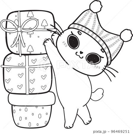cute Christmas kitty cat in gift present box outline svg cartoon doodle hand drawn cute Christmas kitty cat in gift present box outline svg cartoon doodle hand drawn 96469251
