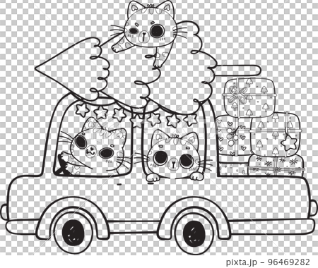 cute Christmas cat friend and snowman celebrate in car cartoon svg doodle outline hand drawn 96469282