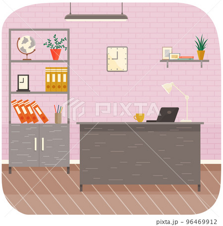 Interior of workplace with desk with laptop, bookcase with folders and documents for working at home Interior of workplace with desk with laptop, bookcase with folders and documents for working at home 96469912
