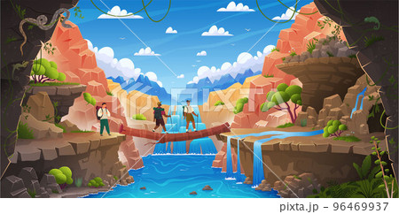 People walk on makeshift log bridge among rocks. Tourist route through waterfall, mountains, river People walk on makeshift log bridge among rocks. Tourist route through waterfall, mountains, river 96469937