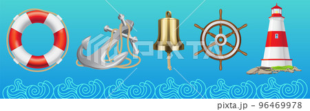 Attributes of marine theme vector set vintage bell, lifebuoy, lighthouse, anchor and steering wheel 96469978
