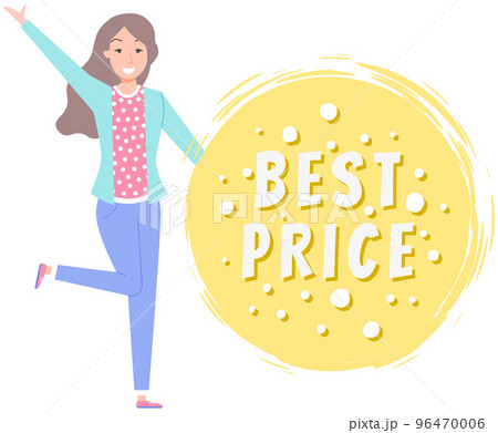 Woman standing near hot sale in online store icon. Discounts, marketing, sale of goods on Internet Woman standing near hot sale in online store icon. Discounts, marketing, sale of goods on Internet 96470006