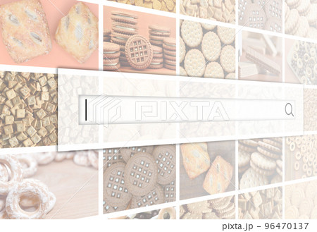 Visualization of the search bar on the background of a collage of many pictures with various sweets close-up. A set of images with varieties of biscuits, bagels and candies Visualization of the search bar on the background of a collage of many pictures with various sweets close-up. A set of images with varieties of biscuits, bagels and candies 96470137