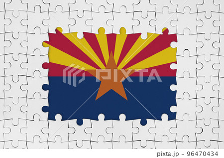 Arizona US state flag in frame of white puzzle pieces with missing central part 96470434