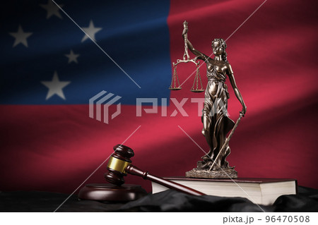 Samoa flag with statue of lady justice, constitution and judge hammer on black drapery. Concept of judgement and guilt 96470508