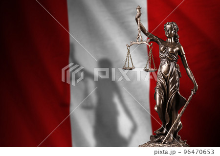 Peru flag with statue of lady justice and judicial scales in dark room. Concept of judgement and punishment Peru flag with statue of lady justice and judicial scales in dark room. Concept of judgement and punishment 96470653