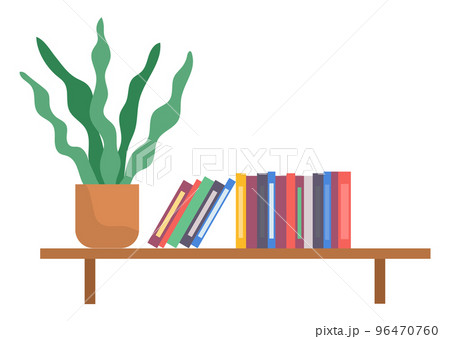 Bookshelf with books and potted plant in room interior. Home library with literature illustration 96470760