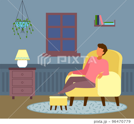 The young man sits in a yellow chair at home. Man puts his foot on the leash. Flat vector image 96470779