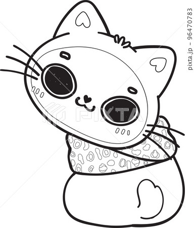 cute Christmas kitty cat in winter scarf and hat outline cartoon doodle hand drawn 96470783