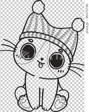 cute Christmas kitty cat in winter scarf and hat outline cartoon doodle hand drawn cute Christmas kitty cat in winter scarf and hat outline cartoon doodle hand drawn 96470786