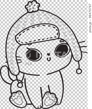 cute Christmas kitty cat in winter scarf and hat outline cartoon doodle hand drawn 96470787