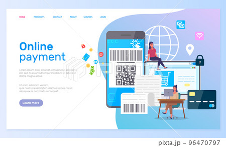 Template of the online payment site. Smartphone, laptop, online shopping, credit card, checks 96470797