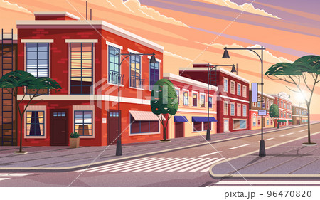 Street of town illustration of the historic urban area with trees and streetlight in evening time 96470820