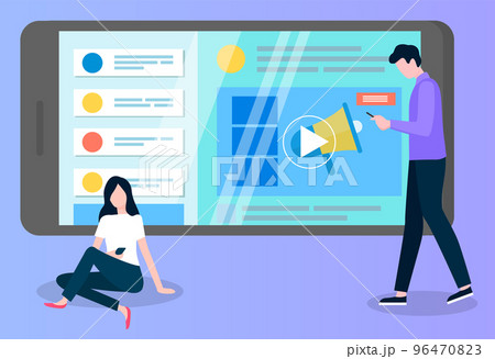 Development of a plan how to attract customers. Man and woman typing in telephone, collaborate 96470823