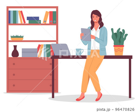 Young woman in office, with tablet in hand, work desk, laptop, office space. Flat vector on white Young woman in office, with tablet in hand, work desk, laptop, office space. Flat vector on white 96470826