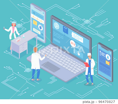 Isometric image of laboratory assistant and doctors consulting patients remotely via modern devices 96470827