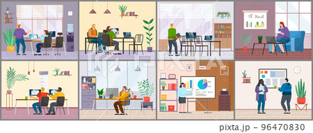 Employees in office engaged in various activities. Work, chat, relax. Office interior set Employees in office engaged in various activities. Work, chat, relax. Office interior set 96470830