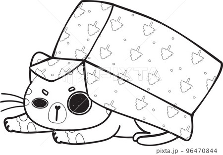 cute Christmas playful kitty cat play with present gift box outline cartoon doodle hand drawn cute Christmas playful kitty cat play with present gift box outline cartoon doodle hand drawn 96470844