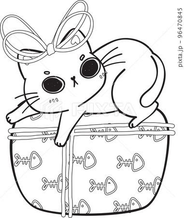 cute Christmas playful kitty cat play with present gift box outline cartoon doodle hand drawn cute Christmas playful kitty cat play with present gift box outline cartoon doodle hand drawn 96470845