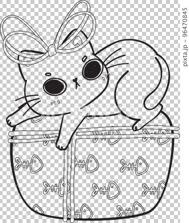 cute Christmas playful kitty cat play with present gift box outline cartoon doodle hand drawn cute Christmas playful kitty cat play with present gift box outline cartoon doodle hand drawn 96470845