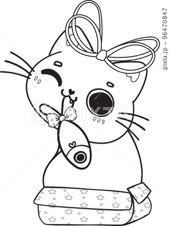 cute Christmas playful kitty cat play with present gift box outline cartoon doodle hand drawn 96470847