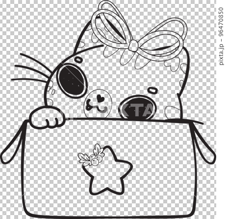 cute Christmas playful kitty cat play with present gift box outline cartoon doodle hand drawn cute Christmas playful kitty cat play with present gift box outline cartoon doodle hand drawn 96470850