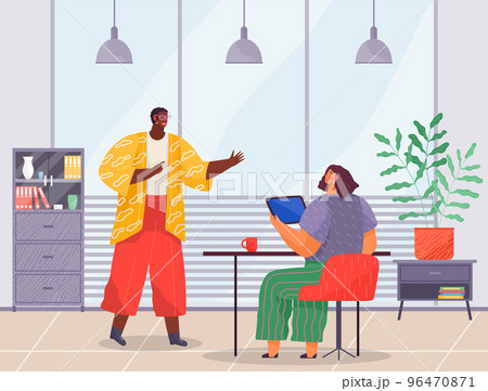 Women in the office. Dark-skinned female speaks with white-skinned girl. The boss and subordinate Women in the office. Dark-skinned female speaks with white-skinned girl. The boss and subordinate 96470871