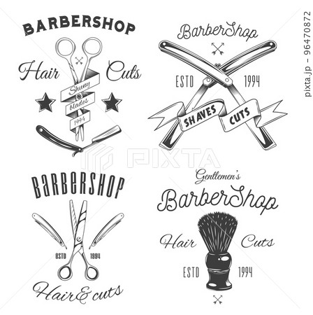 Logotype for barbershop vintage style. Barber shop logo emblem with barber object sign and lettering Logotype for barbershop vintage style. Barber shop logo emblem with barber object sign and lettering 96470872
