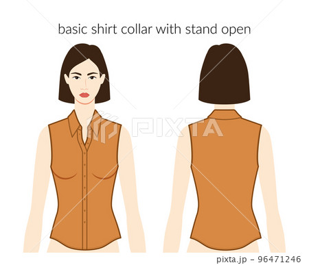 Basic shirt collar with stand open neckline, placket clothes character lady in ochre top technical fashion illustration Basic shirt collar with stand open neckline, placket clothes character lady in ochre top technical fashion illustration 96471246