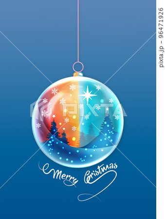 Merry Christmas ball shape. Winter seasonal holiday Christmas background, hand drawn colorful watercolor style. Christmas greeting card, snow globe and winter forest inside. Vector illustration  96471926
