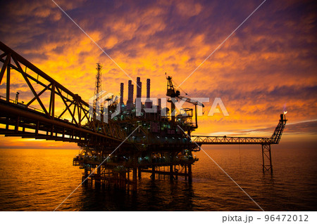 Offshore construction platform for production oil and gas. Oil and gas industry and hard work. Production platform and operation process by manual and auto function from control room. 96472012