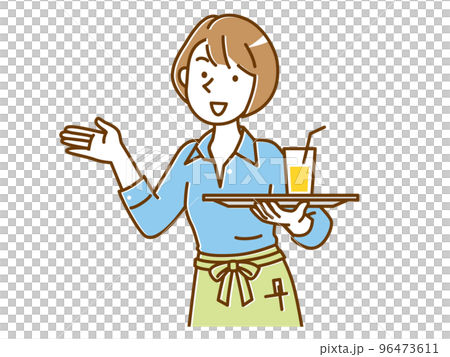 案内するエプロン姿のカフェの女性スタッフ 96473611