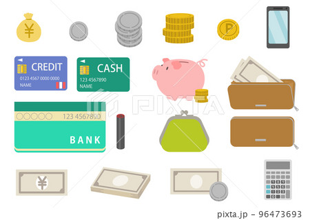 家計管理・お金関連のイラストセット（お金、貯金・クレジット・通帳） 96473693
