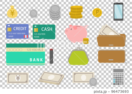 家計管理・お金関連のイラストセット（お金、貯金・クレジット・通帳） 96473693