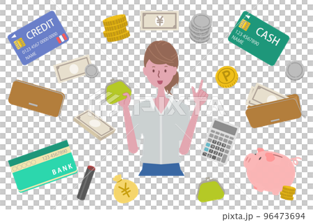 家計管理・お金関連のイラストセット(主婦・お金・貯金・クレジット・通帳) 家計管理・お金関連のイラストセット(主婦・お金・貯金・クレジット・通帳) 96473694