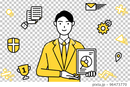 An image of DX, a simple line drawing illustration of a businessman in a suit who uses digital technology to improve business 96473770