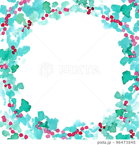水彩画 水彩タッチのクリスマスリースイラスト 柊のクリスマスリースフレーム のイラスト素材