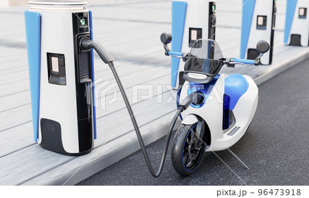 High-speed EV charging station for electric motorcycles on city streets with energy battery charging cable and plug. Innovative power and transportation industry concept. 3D illustration rendering 96473918