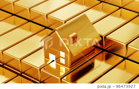 Golden house real estate with plenty of fine gold bars in the safety vault background. Business economic and financial concept. 3D illustration rendering Golden house real estate with plenty of fine gold bars in the safety vault background. Business economic and financial concept. 3D illustration rendering 96473927