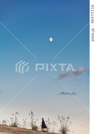夕空と月とススキと女性 96475516