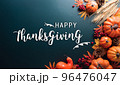 Thanksgiving and Autumn decoration concept made from autumn leaves and pumpkin on dark background. Flat lay, top view with copy space. 96476047